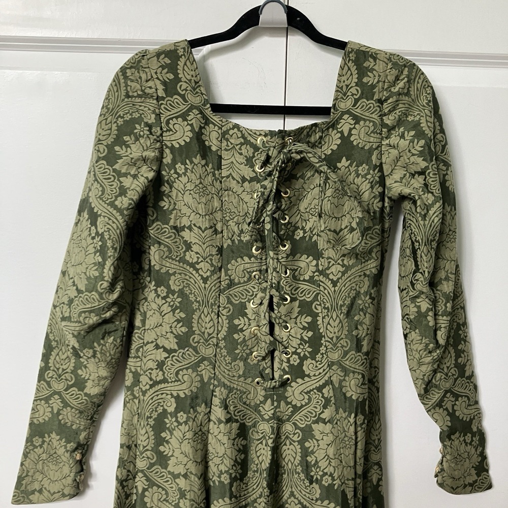 Homemade Brocade Green Renaissance Maxi Dress Whimsigoth Damask Corset Medieval - Picture 8 of 16